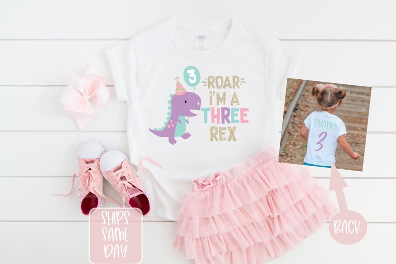May include: White t-shirt with a purple dinosaur wearing a party hat and holding a balloon. The text on the shirt reads "3=ROAR=I'M A THREE REX". The back of the shirt has a purple number 3.