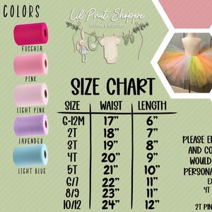 Pu&ograve; includere: Tabella delle taglie per gonna di tulle con diversi campioni di tulle di colore. La tabella mostra le taglie da 6-12 mesi a 10/12 con le misure di vita e lunghezza corrispondenti in pollici. Il testo dice "Si prega di inserire la taglia e il colore(i) che si desidera nella casella di personalizzazione. Esempio: 4T Arcobaleno o 2T Rosa & Viola."