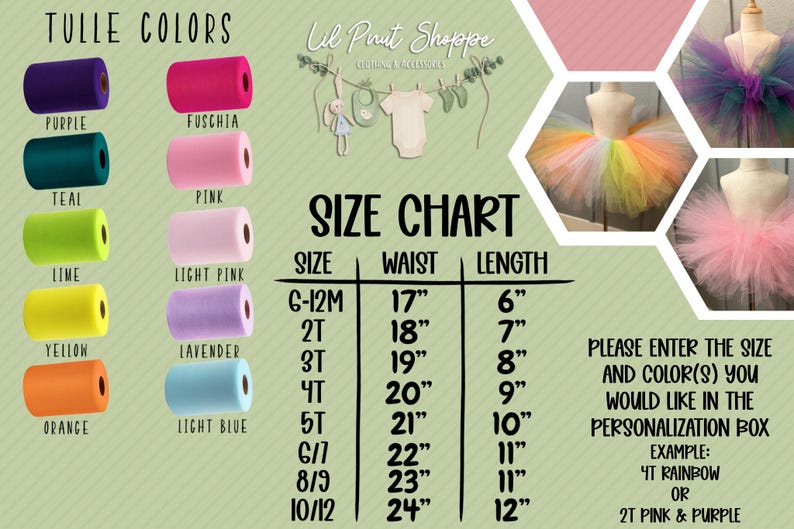 Pu&ograve; includere: Tabella delle taglie per gonna di tulle con diversi campioni di tulle di colore. La tabella mostra le taglie da 6-12 mesi a 10/12 con le misure di vita e lunghezza corrispondenti in pollici. Il testo dice "Si prega di inserire la taglia e il colore(i) che si desidera nella casella di personalizzazione. Esempio: 4T Arcobaleno o 2T Rosa & Viola."
