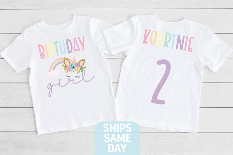 Unicorn Rainbow Birthday Girl Shirt, Girl Birthday T-Shirt, Girls Rainbow Unicorn Birthday, Custom Personalized Name and Year Birthday Shirt image 6