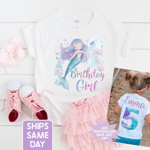 May include: White t-shirt with a mermaid graphic and the text "Birthday Girl". The image includes a pink tutu, pink shoes, and a pink bow. A photo shows a girl wearing a personalized shirt.