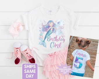 Mermaid Birthday Girl Shirt, Any Age Birthday Shirt, Birthday Girl T-Shirt, Cute Mermaid Birthday Girls Shirt, Name and Age Custom Shirt