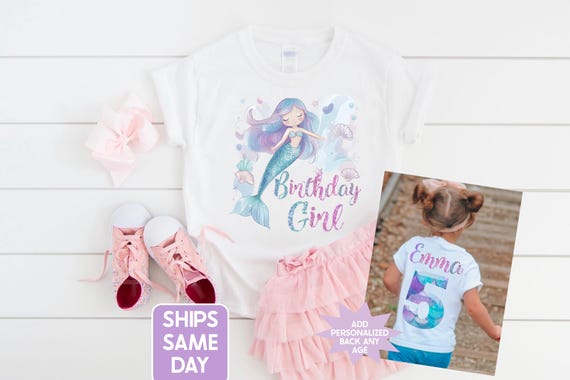 Mermaid Birthday Girl Shirt, Any Age Birthday Shirt, Birthday Girl T-Shirt, Cute Mermaid Birthday Girls Shirt, Name and Age Custom Shirt