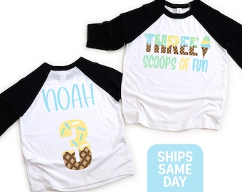 Three scoops of fun Ice Cream 3rd Birthday Shirt, 3rd Birthday Party, Ice Cream Shirt, Girls Boys Ice Cream Birthday, Kids Name Birthday Tee