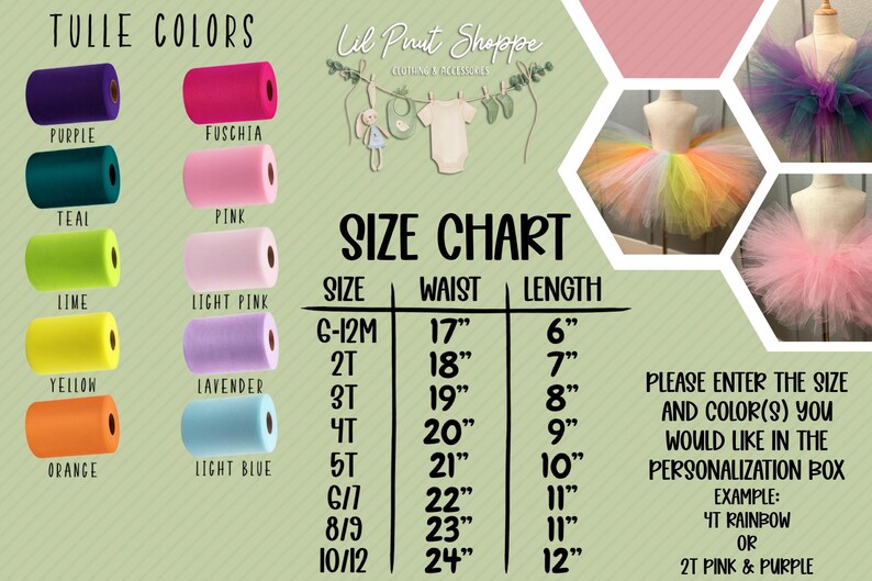 May include: Tulle skirt size chart with measurements in inches.  The chart shows sizes from 6-12 months to 10/12.  The chart also shows the corresponding waist and length measurements for each size.  The image also shows a variety of tulle colors, including purple, teal, lime, yellow, orange, fuchsia, pink, light pink, lavender, and light blue.