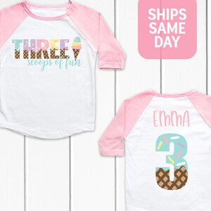 Three scoops of fun Ice Cream 3rd Birthday Shirt, 3rd Birthday Party, Ice Cream Shirt, Girls Boys Ice Cream Birthday, Kids Name Birthday Tee