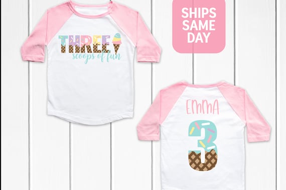 Three scoops of fun Ice Cream 3rd Birthday Shirt, 3rd Birthday Party, Ice Cream Shirt, Girls Boys Ice Cream Birthday, Kids Name Birthday Tee