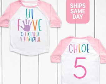 Girls 5th Birthday Shirt, Hi Five Officially A Handful Birthday Shirt, Girls fifth Birthday Shirt, Personalized Name Birthday Shirt