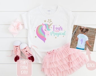 May include: White t-shirt with a unicorn graphic and the text "Four Ever Magical". The back of the shirt has a purple number 4. The shirt is paired with a pink tutu skirt and pink sneakers.