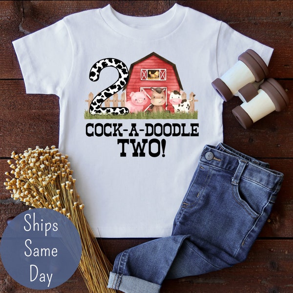 Cock-A-Doodle Two Shirt, Second Birthday Farm Shirt, Personalized 2nd Farm Barnyard Cow Print Birthday, Red Barn Birthday Shirt