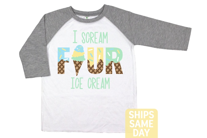 May include: White and grey baseball tee shirt with the text "I scream four ice cream" with the number four made of ice cream cones.