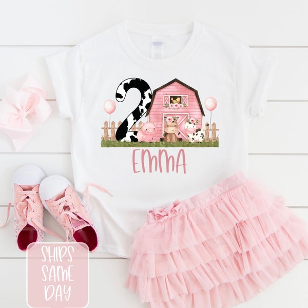 2nd Birthday Pink Barn Farm Shirt, Girls Second Birthday Farm Animals Birthday Shirt, Personalized Barnyard Birthday Shirt, Custom Name Tee