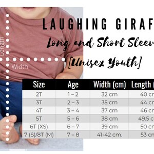 May include: Size chart for Laughing Giraffe long and short sleeve shirts for youth. The chart shows sizes 2T through 7 (S)/8T (M) with corresponding ages, widths in inches, and lengths in inches.