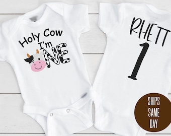 First Birthday Onesie®, Holy Cow I'm One Shirt, 1st Birthday Farm Animal Bodysuit, One Year Old Personalized Name Birthday Cow Onesie®