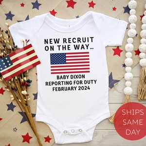 Baby Announcement Onesie®, US Military Pregnancy Reveal Onesie®, Cute Patriotic Baby Announcement, US Flag Made In the USA Personalized