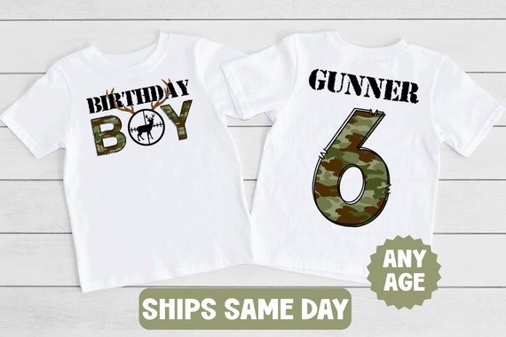 Birthday Boy Hunting Shirt, Deer Hunting Birthday Boy Shirt, Hunter Themed Birthday Party Shirt, Any Age Personalized Custom Name T-Shirt
