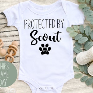 Protected by Dog Onesie®, Dog Lover Pet Baby Onesie®, Cute Pet Baby Bodysuit or T-Shirt, Dog Name Baby Onesie®, Pet Dog Baby Announcement