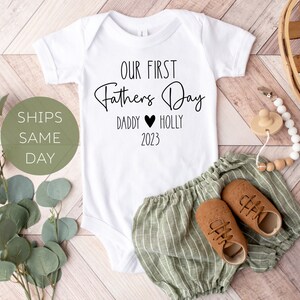 First Father&#39;s Day Onesie®, Our First Father&#39;s Day Baby Bodysuit, Father&#39;s Day Baby Outfit, 1st Father&#39;s Day with Dad Personalized Shirt