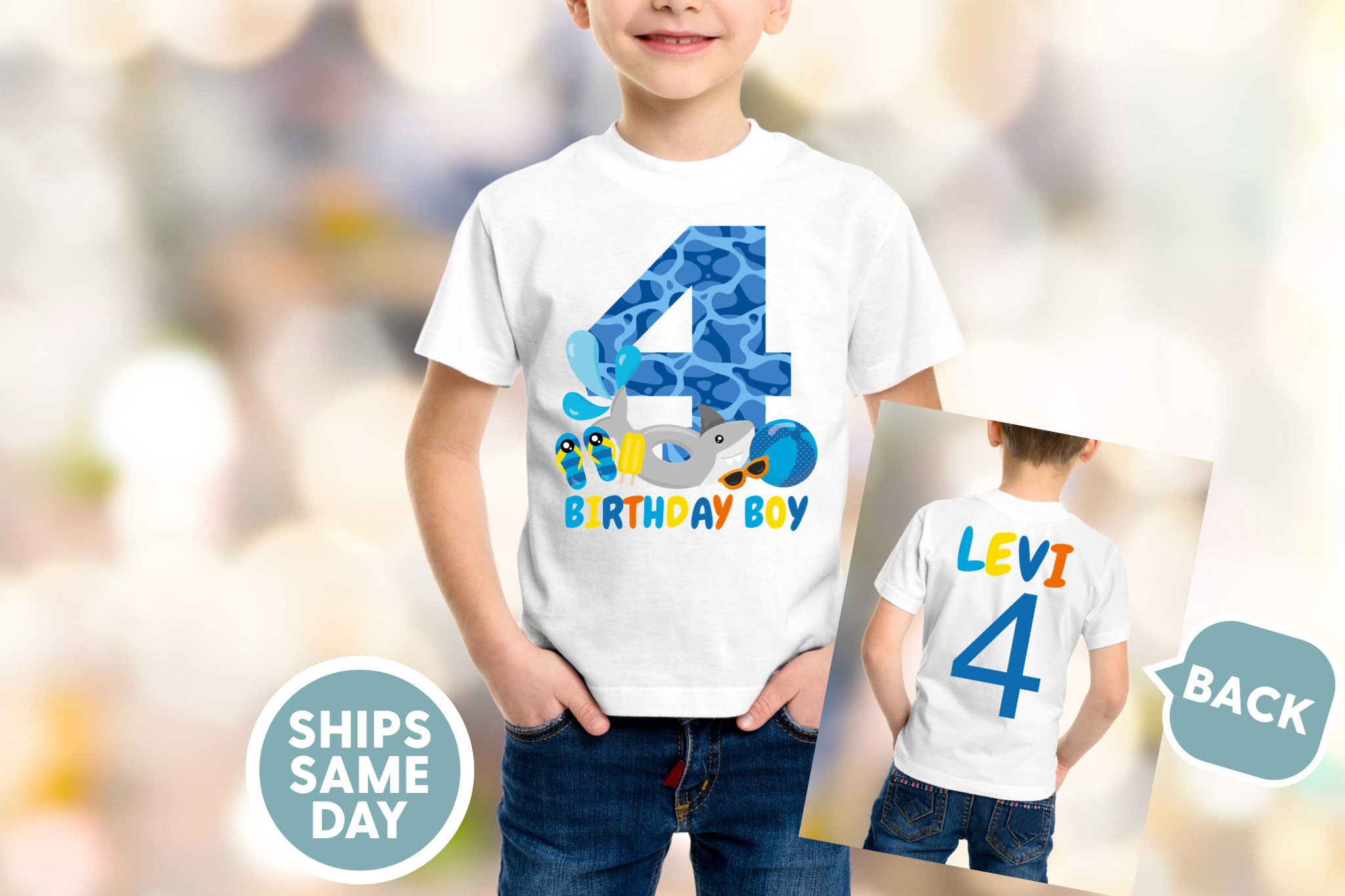 Birthday Boy Pool Party Birthday Shirt, 4th Birthday Pool Party Summer Shirt, Pool Party Boys Personalized Custom Name fourth Birthday Shirt