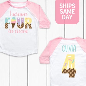 May include: Two pink and white baseball style shirts with the text "I scream four ice cream" on the front of one shirt and the name "Olivia" and the number "4" with ice cream cone design on the back of the other shirt.
