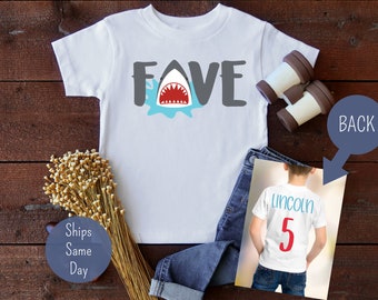 Five Birthday Shark Shirt, 5 year old Shark Birthday Shirt, 5th Personalized Name Custom Shark Theme Birthday Shirt, Fifth Birthday Boys Tee