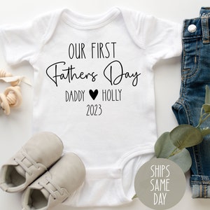 First Father&#39;s Day Onesie®, Our First Father&#39;s Day Baby Bodysuit, Father&#39;s Day Baby Outfit, 1st Father&#39;s Day with Dad Personalized Shirt