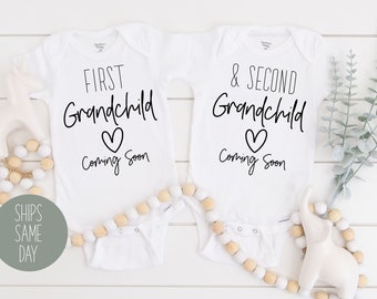 Twins Pregnancy Announcement Onesie®, First and Second Grandchild Onesies®, Twins Pregnancy Reveal Onesie®, Cute Twin Baby Bodysuits