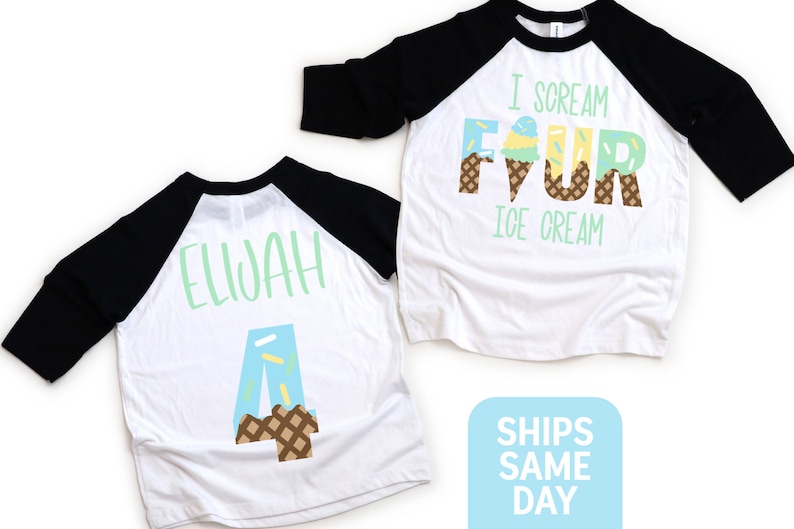 May include: Two white and black baseball shirts with ice cream cone designs. One shirt says "I scream for ice cream" with the number four made of ice cream cones. The other shirt says "Elijah" with the number four made of ice cream cones.