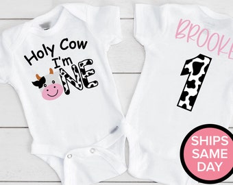 First Birthday Onesie®, Holy Cow I'm One Shirt, 1st Birthday Farm Animal Bodysuit, One Year Old Personalized Name Birthday Cow Print Outfit