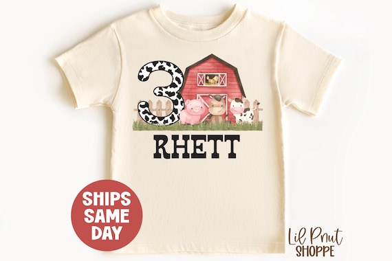 3rd Birthday Farm Shirt, Boys Girls Barn Animal Birthday Shirt, Personalized Kids Farm Cow Print Birthday Shirt, Custom 3 Year Old T-Shirt