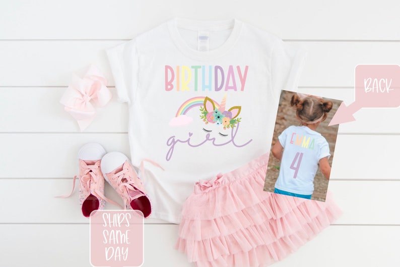 Unicorn Rainbow Birthday Girl Shirt, Girl Birthday T-Shirt, Girls Rainbow Unicorn Birthday, Custom Personalized Name and Year Birthday Shirt immagine 1