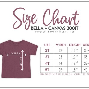 K&ouml;nnte beinhalten: Gr&ouml;&szlig;entabelle f&uuml;r Bella + Canvas 3001T Toddler Short-Sleeve-T-Shirts. Die Tabelle zeigt die Gr&ouml;&szlig;en 2T bis 5T mit den entsprechenden Ma&szlig;en f&uuml;r Breite, L&auml;nge und Gewicht in Zoll und Pfund.