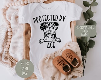 Protected by Dog Onesie®, Custom Dog Name Baby Onesie®, Cute Personalized Pet Baby Bodysuit, My Dog Name Baby Onesie® Baby Announcement
