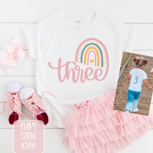 Rainbow Birthday Girls Shirt, 3 Year Old Birthday Shirt, Girls Birthday T-Shirt, Girls Rainbow Personalized Name Shirt for Third Birthday