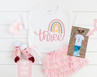 Rainbow Birthday Girls Shirt, 3 Year Old Birthday Shirt, Girls Birthday T-Shirt, Girls Rainbow Personalized Name Shirt for Third Birthday