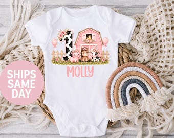Girls Farm Barnyard Animals 1st Birthday Onesie®, Personalized Farmhouse Baby Bodysuit