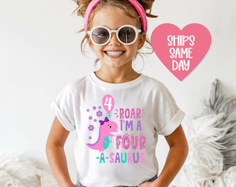 Dinosaur 4th Birthday Shirt, Hear Me Roar, Party Tee, Girl dino 4 Year Birthday, Four Roar Dinosaur Shirt