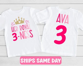 Third Birthday Girl Shirt, Her Royal 3 Ness Shirt, Girls 3rd Birthday Shirt, Personalized Name Birthday T-Shirt, Princess Rainbow Themed