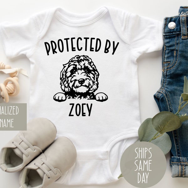 Protected by Dog Onesie®, Dog Lover Baby Onesie®, Cute Doddle Pet Baby Bodysuit, Doodle Dog Name Baby Onesie®, Baby Announcement Onesie®
