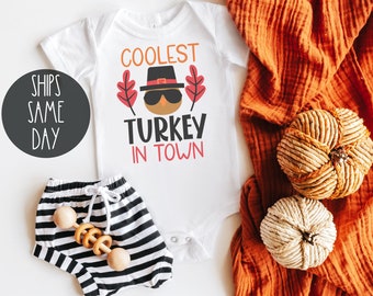 Thanksgiving Day Baby Shirt, Coolest Turkey In Town Bodysuit, Fall Thanksgiving Outfit, Baby, Toddler, Youth, Kids Onsie, Turkey Day Shirt