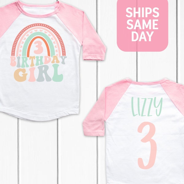 Rainbow Birthday Girls Shirt, 3 Year Old Birthday Shirt, Girls Personalized 3rd Birthday T-Shirt, Girls Custom Name Rainbow Shirt