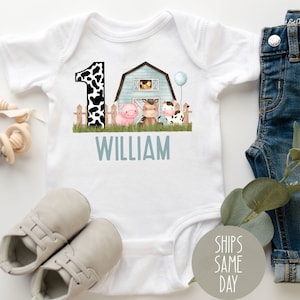 First Birthday Farm Onesie®, Boys or Girls 1st Barn Animals Birthday Shirt, Personalized 1st Farm Barnyard Birthday Shirt with Custom Name