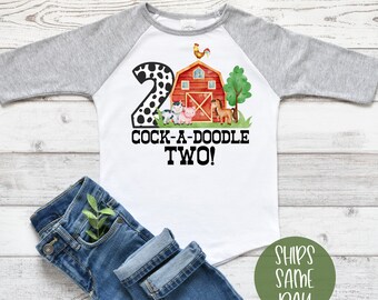 Cock-A-Doodle Two Shirt, Second Birthday Farm Shirt, Personalized 2nd Farm Barnyard Cow Print Birthday, Red Barn Birthday T-Shirt