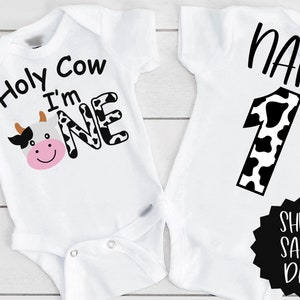 First Birthday Onesie®, Holy Cow I&#39;m One Shirt, 1st Birthday Farm Animal Bodysuit, One Year Old Personalized Name Birthday Cow Onesie®