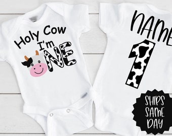 Holy Cow I'm One, First Birthday Onesie, Farm Animal Bodysuit