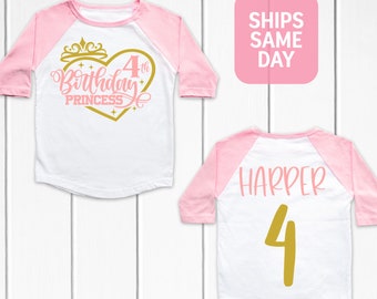 Girls 4th Birthday Princess Shirt, Girls fourth Birthday Shirt, Personalized Name Girls Birthday T-Shirt, Birthday Crown Princess Themed Top