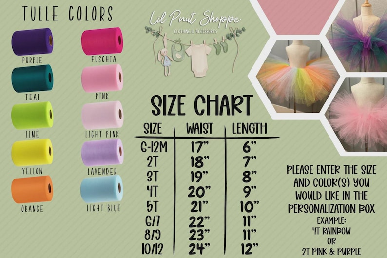 May include: Image showcasing tulle colors and a size chart for tutus. Tulle colors include purple, fuchsia, teal, pink, lime, light pink, yellow, lavender, orange, and light blue. The size chart provides waist and length measurements in inches.