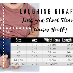 May include: A child wearing a mauve long-sleeve shirt and navy blue pants. The image includes a size chart for youth shirts, with measurements in centimeters. The chart lists sizes 2T to 8T, with corresponding age ranges and dimensions.