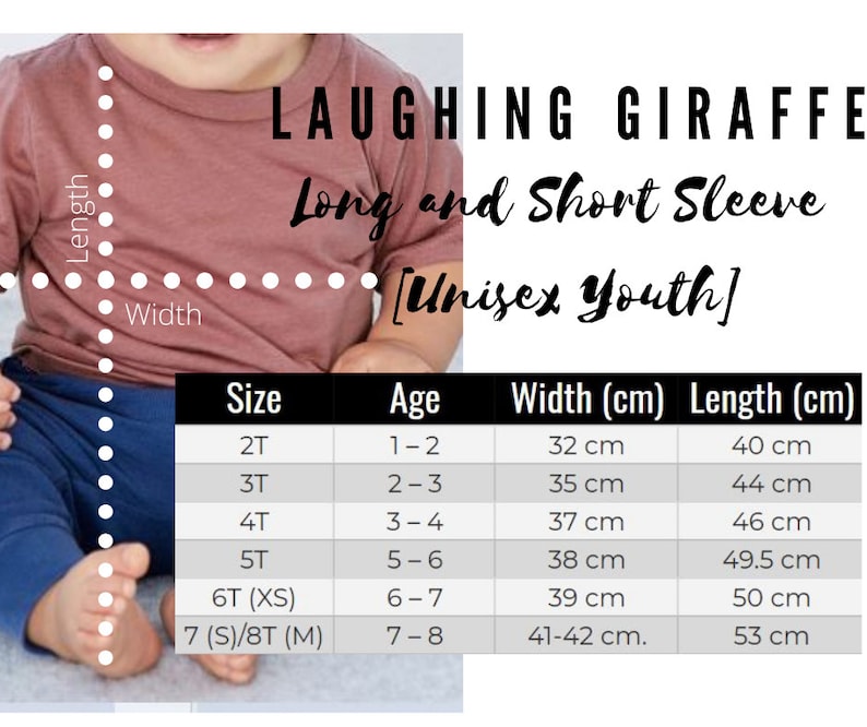 May include: A child wearing a mauve long-sleeve shirt and navy blue pants. The image includes a size chart for youth shirts, with measurements in centimeters. The chart lists sizes 2T to 8T, with corresponding age ranges and dimensions.
