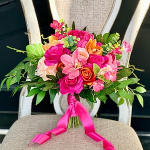 Tropical bridal bouquet, Hot pink and orange wedding bouquet/Beach wedding